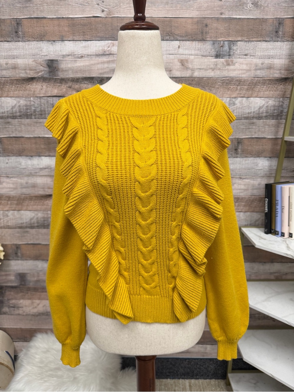 DRA yellow ruffle cable knit sweater XS